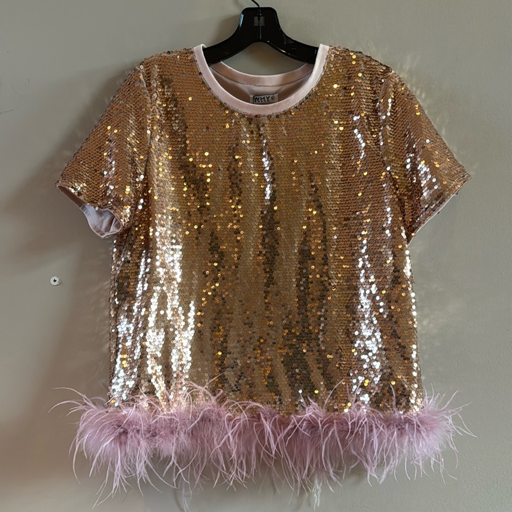 Fabulous Rose Gold Sequin and Pink Feather Top Size L